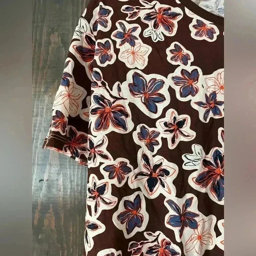 Vintage-Style Floral Print Short Sleeve T-Shirt Brown & Navy Casual Summer A35‎ - Picture 5 of 5